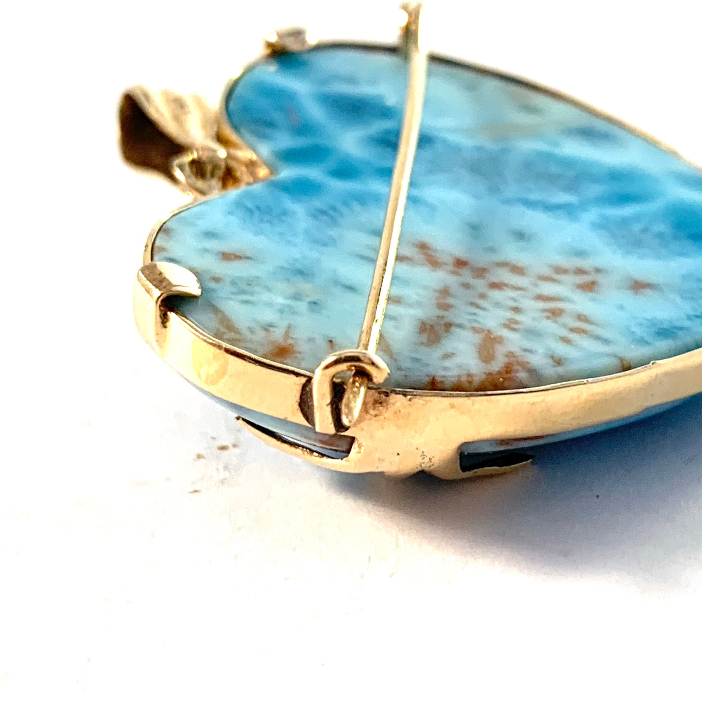 Vintage 14k Gold Larimar Stone Heart Brooch Pendant.