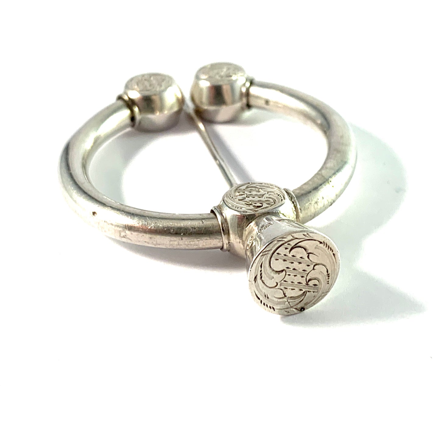 Lars Larsson, Gothenburg year 1866. Antique Victorian Silver Fibula Broosch Scarf Pin.