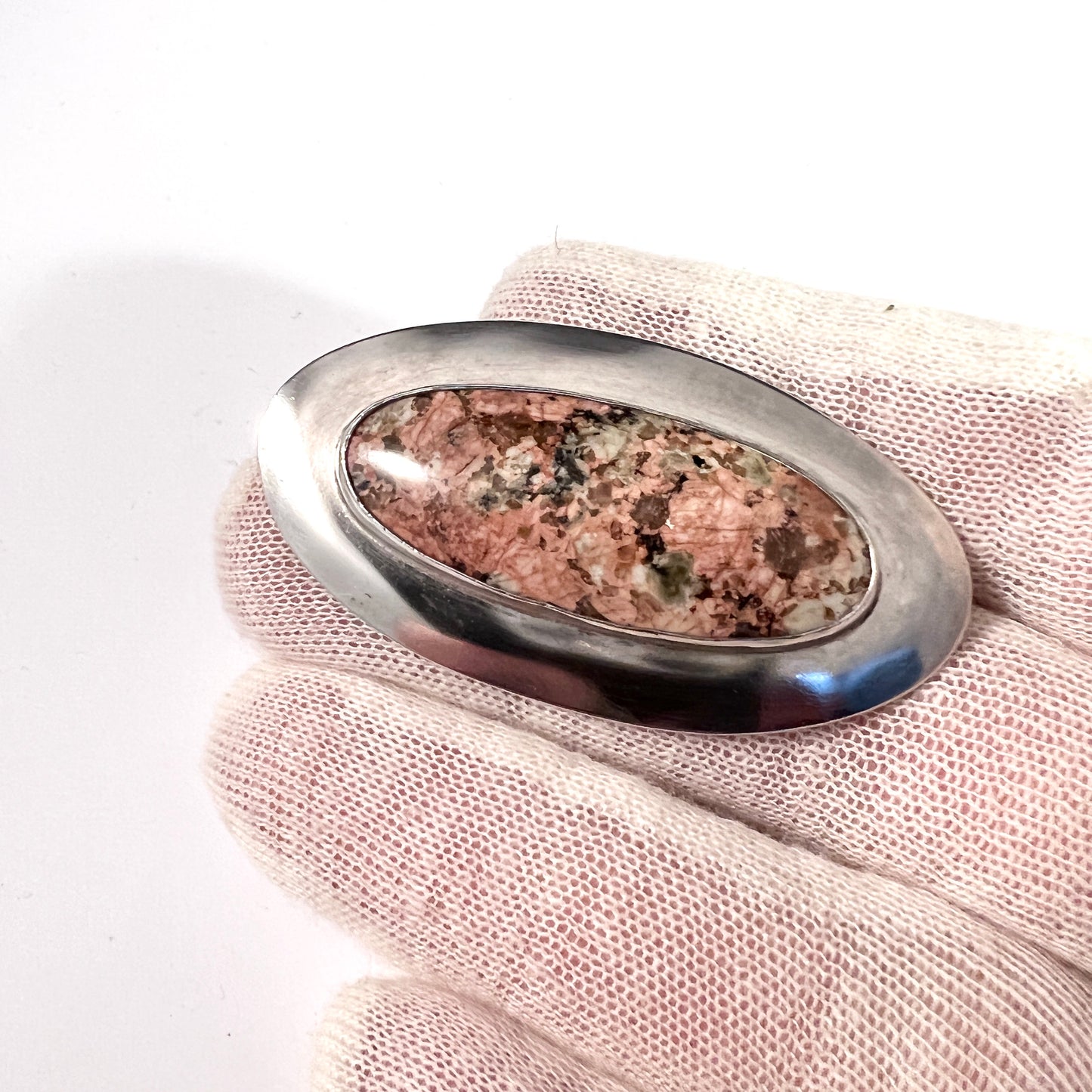 EA, Sweden 1964. Vintage Sterling Silver Local Granite Brooch.