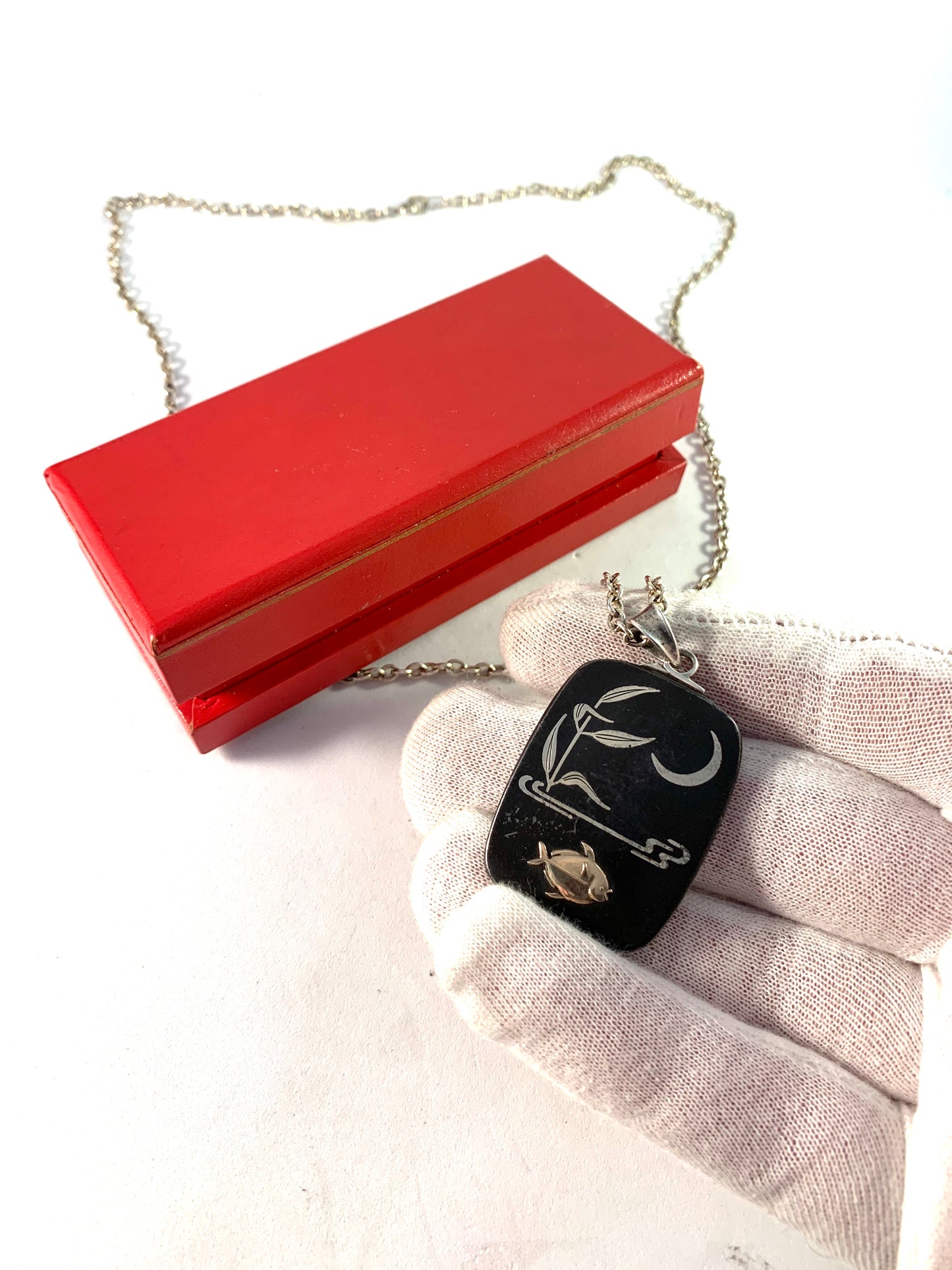 Georg Jensen 1940s War-Time Iron, Silver Gold Pendant Necklace. Design Arno Malinowski. Original Box.