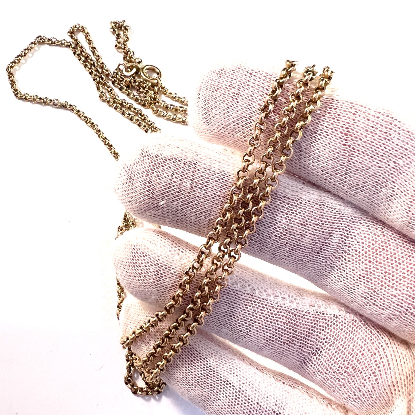 Hjalmar Jonasson、スウェーデン 1912 年。アンティーク 18k ゴールド 59 インチ ロングガード チェーン ネックレス。18 グラム