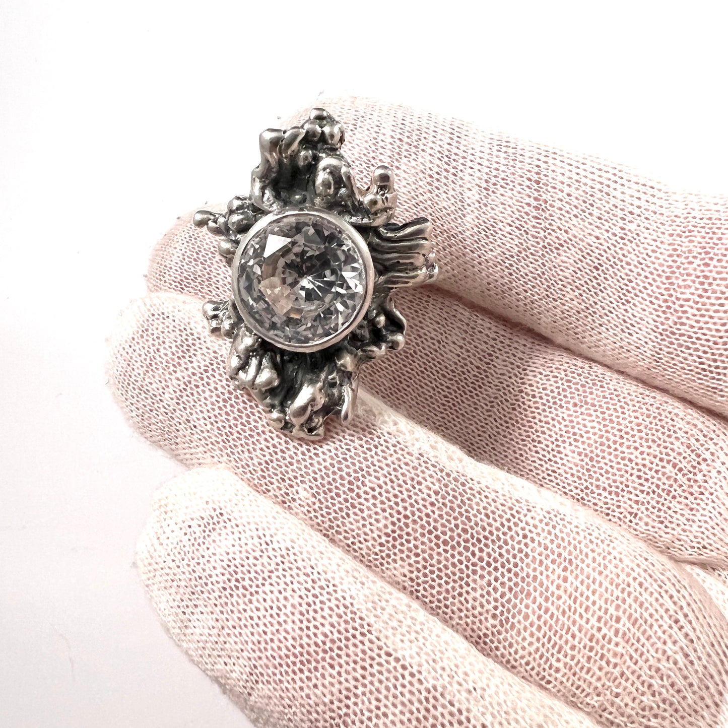 Pentti Sarpaneva for Turun Hopea Finland 1969. Bold Vintage Solid Silver Rock Crystal Ring.