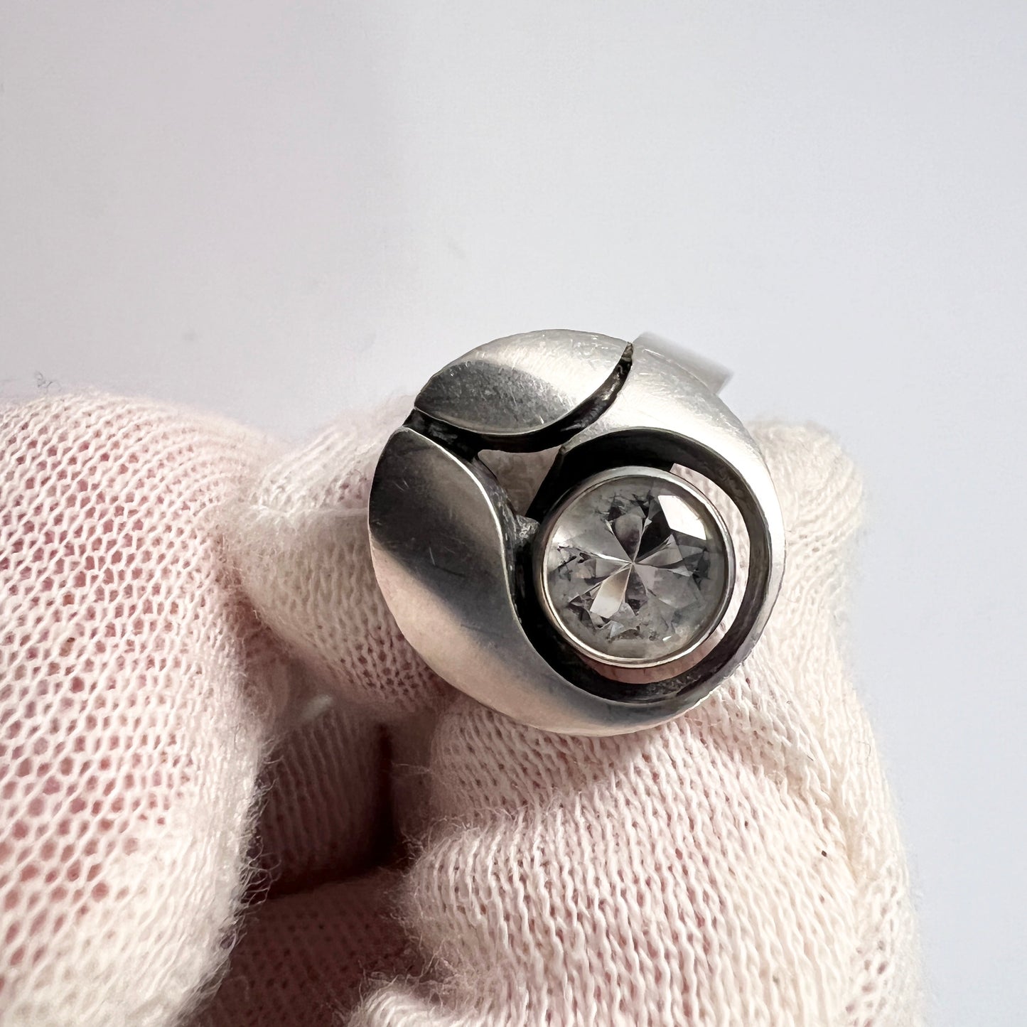 Karl Laine for Finn Feelings, Finland Vintage Sterling Silver Rock Crystal Ring.