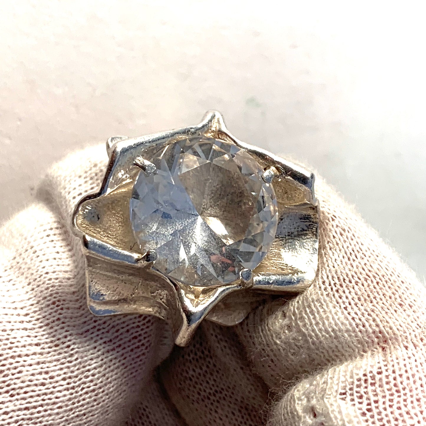 Gson Liedholm for Tre Städ, Sweden 1974 Bold Modernist Sterling Silver Rock Crystal Ring. Signed.
