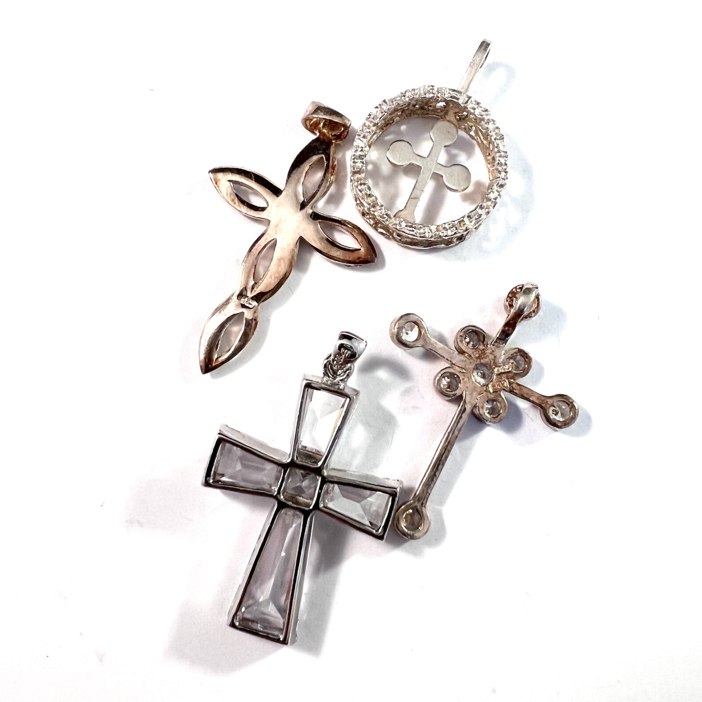 Denmark, Finland and Sweden. 4 Vintage Solid Silver Quartz CZ Cross Pendants.