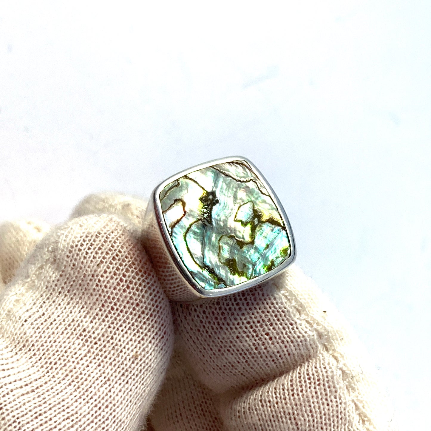 PV、デンマーク製、1970 年代ヴィンテージ スターリング シルバー アワビ リング。