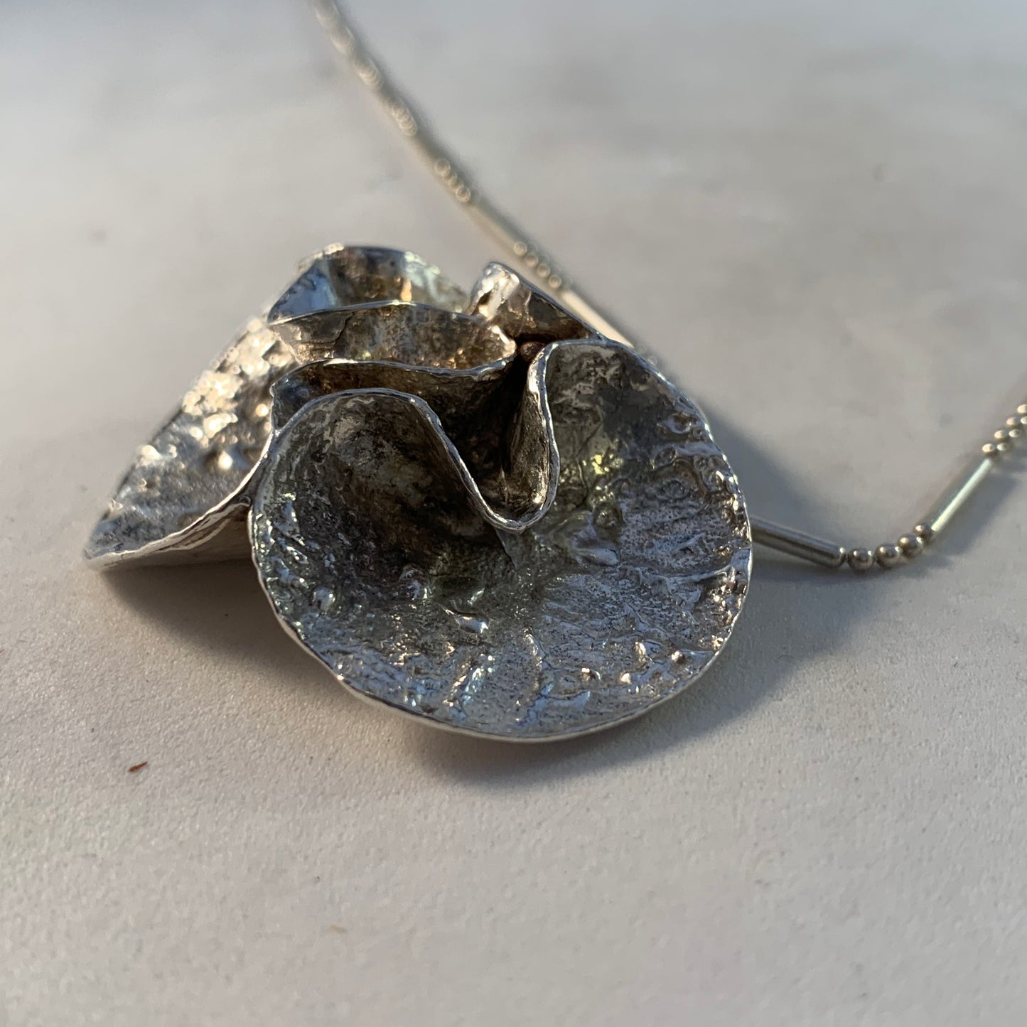 Theresia Hvorslev for MEMA, Sweden 1975 Sterling Silver Water Lily Pendant Necklace.
