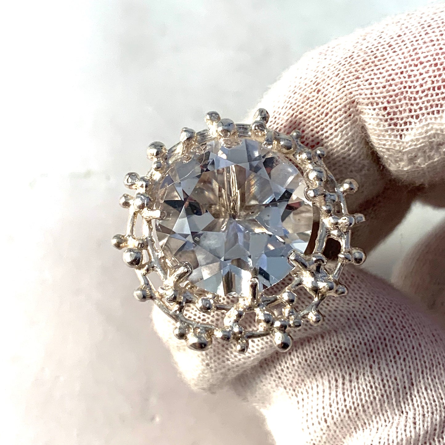 Peter von Post, Stockholm 1975 Bold Modernist Sterling Silver Rock Crystal Ring. Signed.