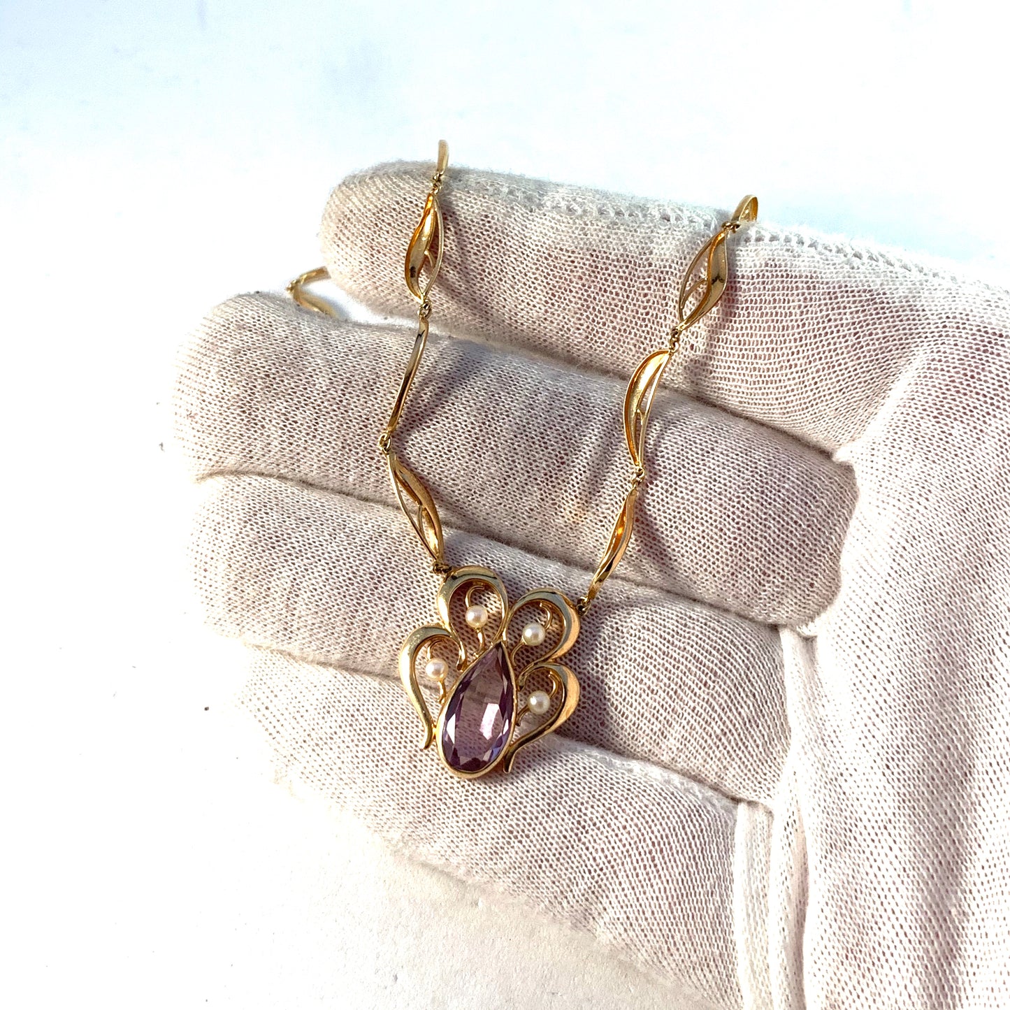 Thure Nilsson, Sweden 1958 Mid Century 18k Gold Amethyst Cultured Pearl Necklace.