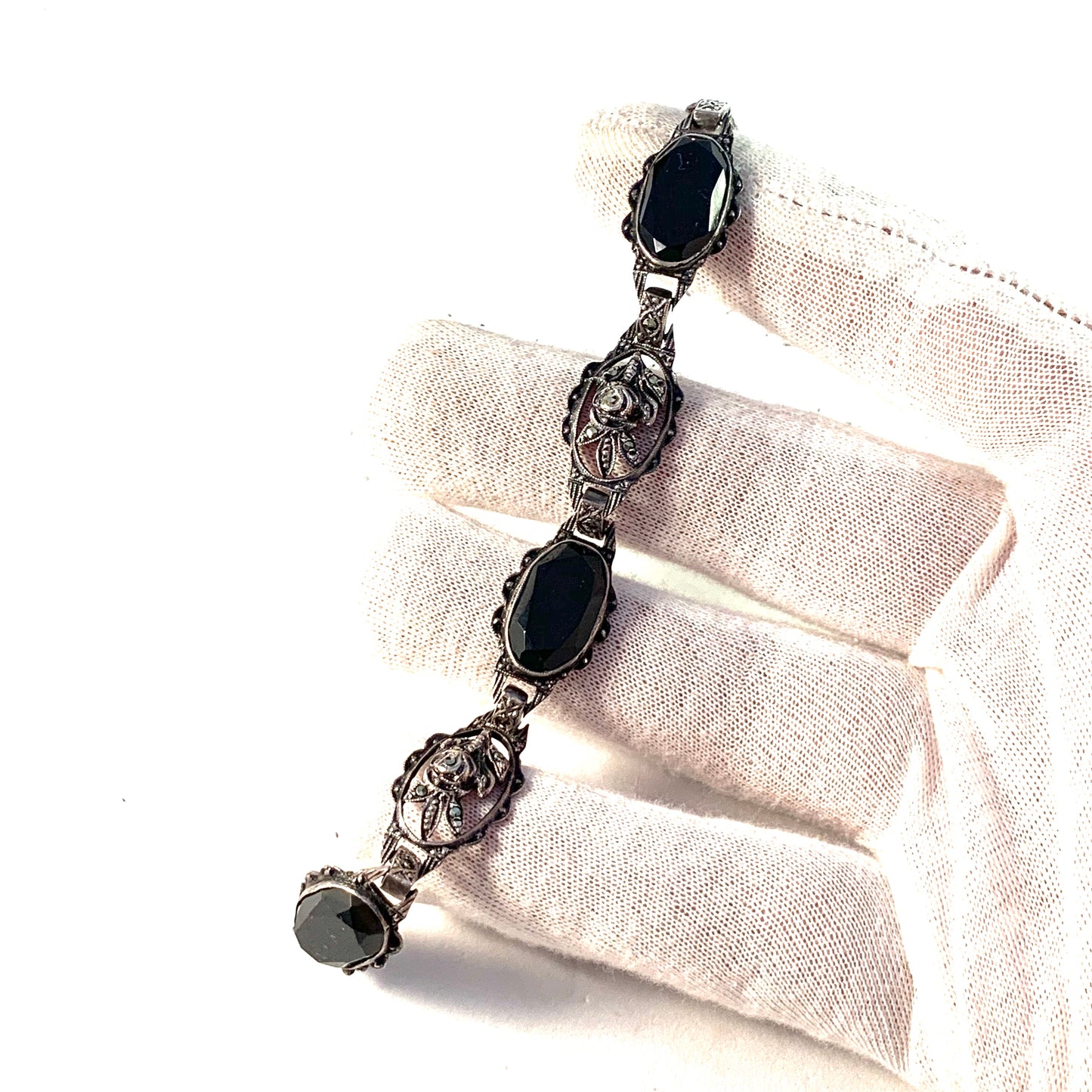 Swedish Import c 1920s Solid Silver Glass Jet Mourning Bracelet.