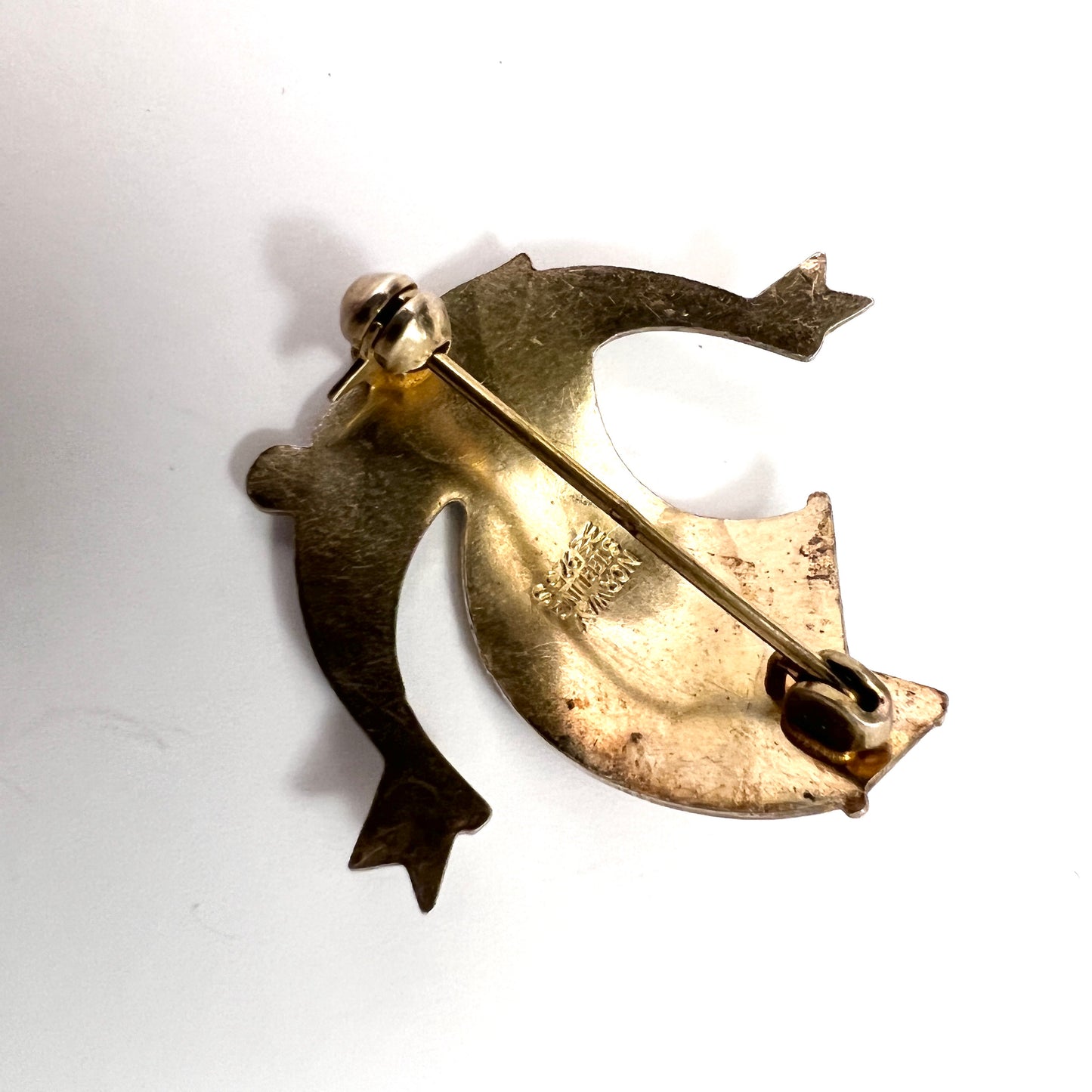 Aksel Holmsen Norway Mid-century Sterling Silver Enamel Viking Ship Brooch.