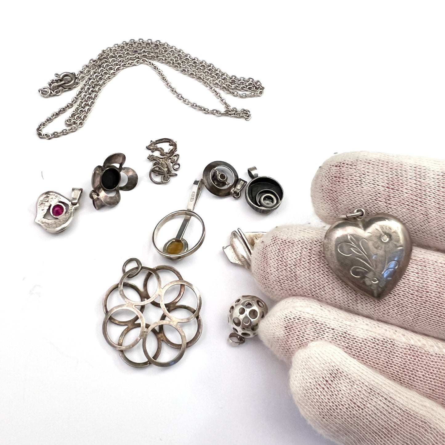 Elis Kauppi Silver 23.5 inch Chain 1950s. + 10 Finnish Vintage Silver Pendants. Job Lot.