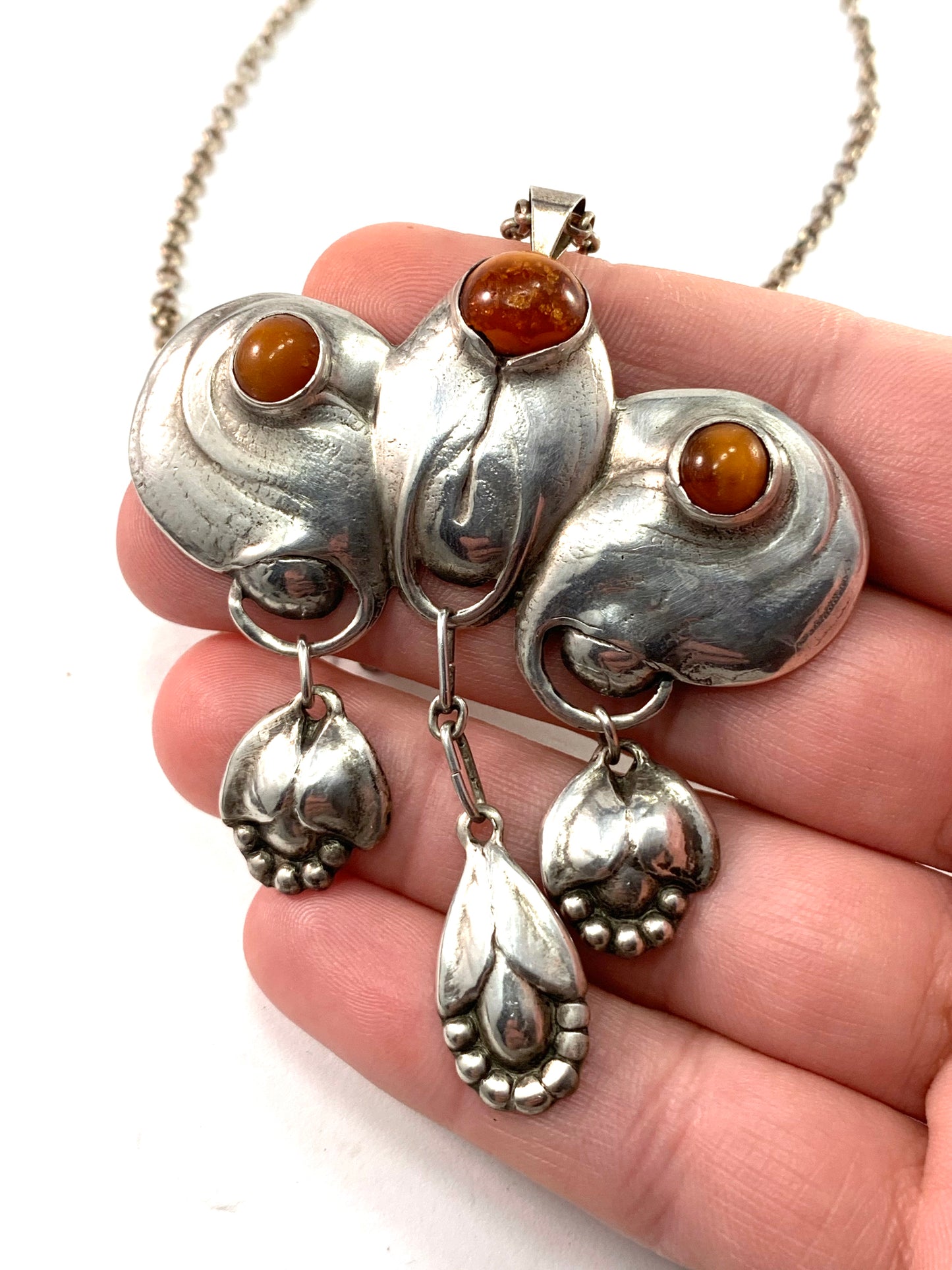 Evald Nielsen for SL Jacobsen & Co, Copenhagen 1910-17 Arts and Crafts Skonvirke 830 Silver Amber Brooch Pendant Necklace.