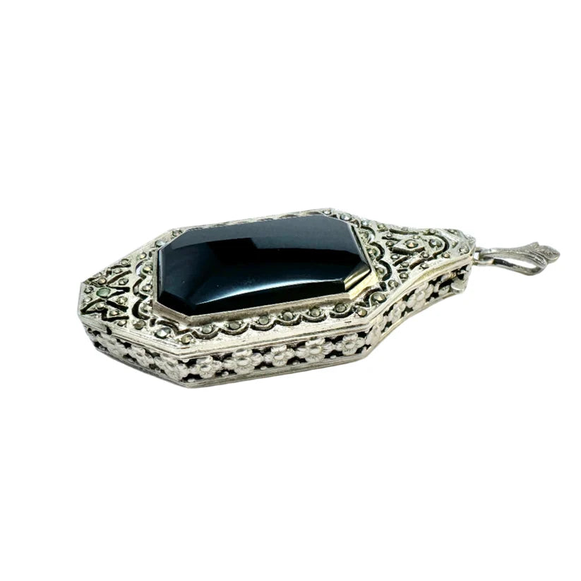 Art Deco c 1930. Solid 830 Silver Onyx Marcasite Lorgnette Pendant.