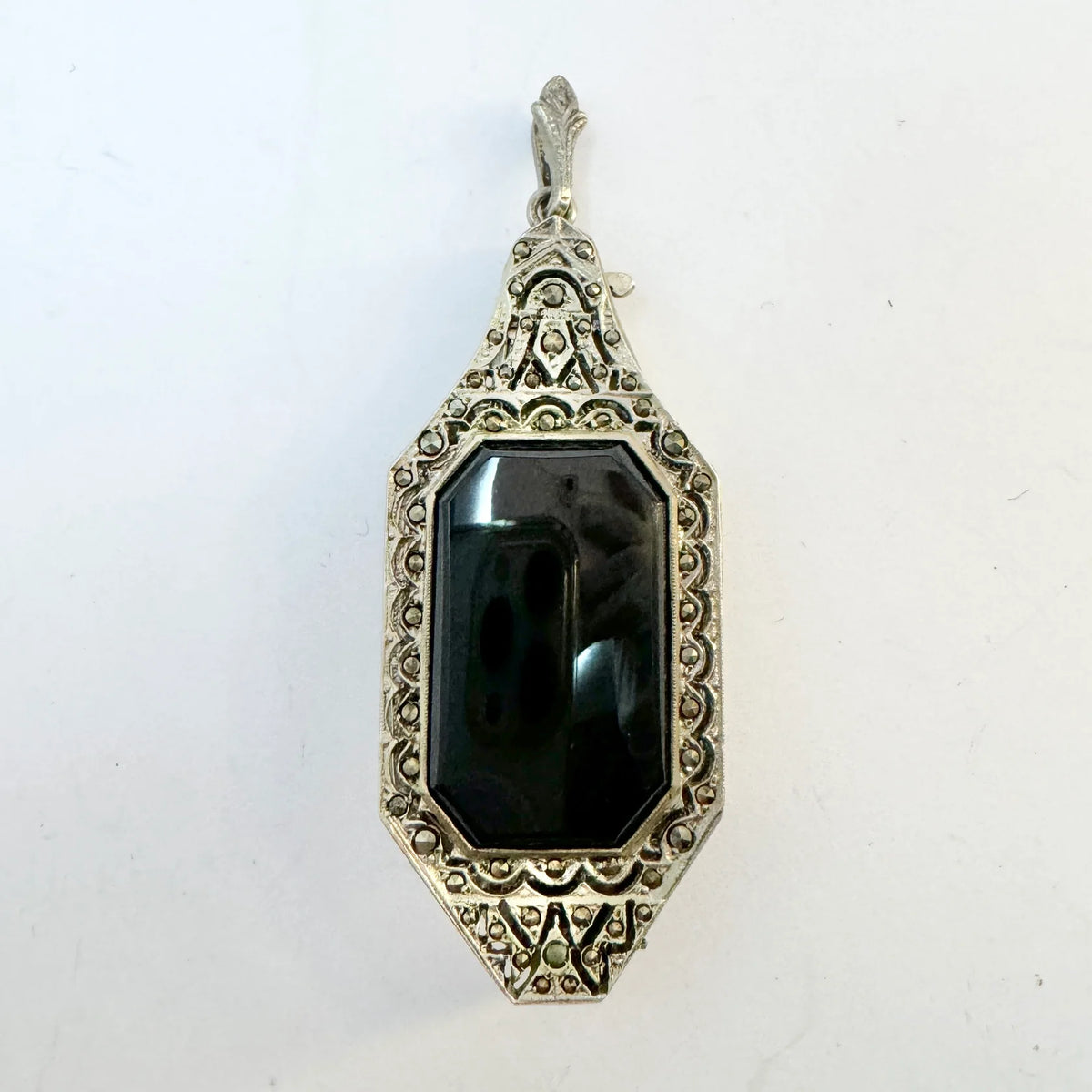 Art Deco c 1930. Solid 830 Silver Onyx Marcasite Lorgnette Pendant.