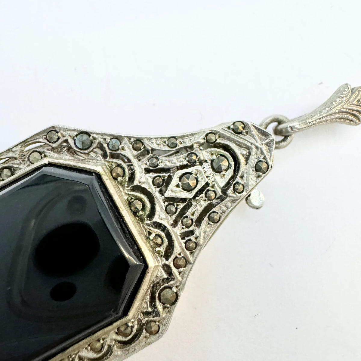 Art Deco c 1930. Solid 830 Silver Onyx Marcasite Lorgnette Pendant.