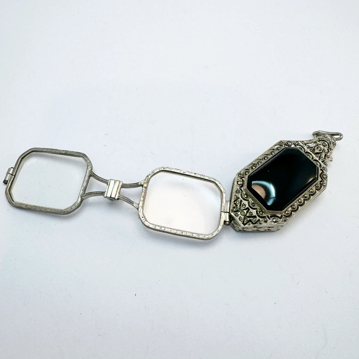 Art Deco c 1930. Solid 830 Silver Onyx Marcasite Lorgnette Pendant.