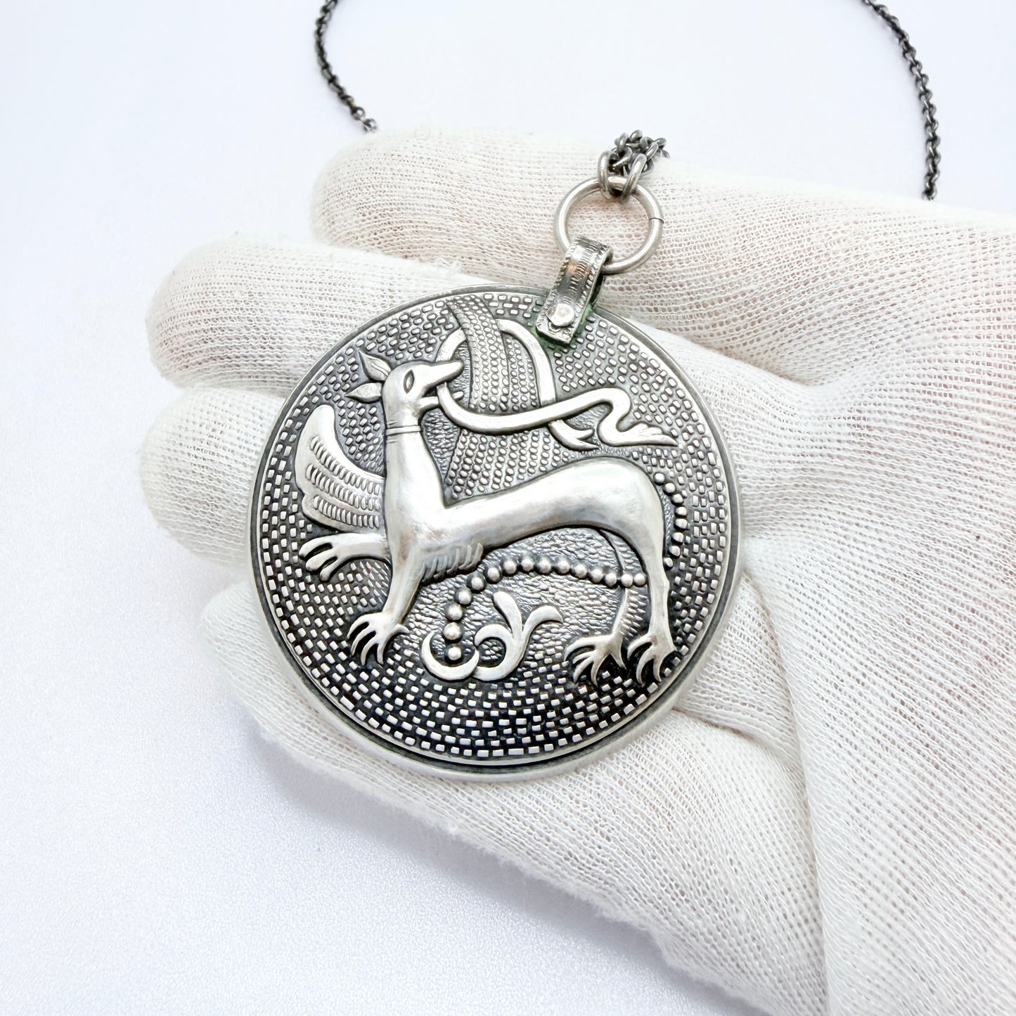 Kalevala Koru, Finland 1943. Rare WW2-era Large Solid Silver Pendant Necklace.