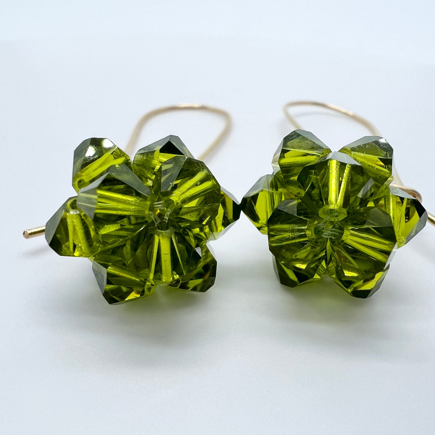 Vintage 1940-50s. 18k Gold Forest Green Cut Glass Long Hook Earrings.