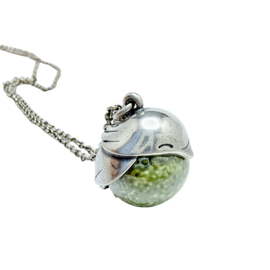Kalevala Koru, Finland. Vintage Sterling Silver Ceramic Bird Pendant Long Chain Necklace