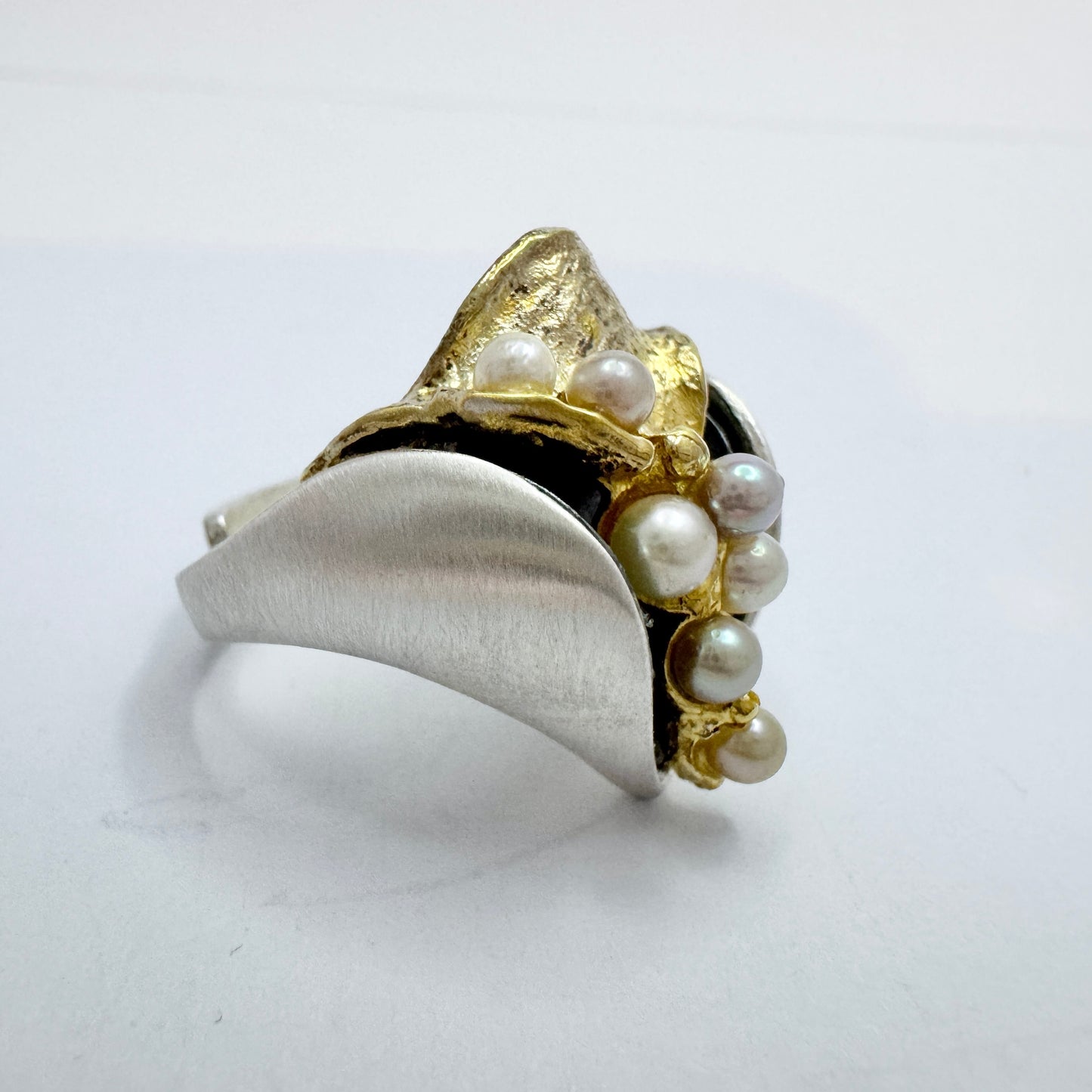 With Signature / Maker's Mark. Sterling Silver Pearl Adjustable Size Ring.