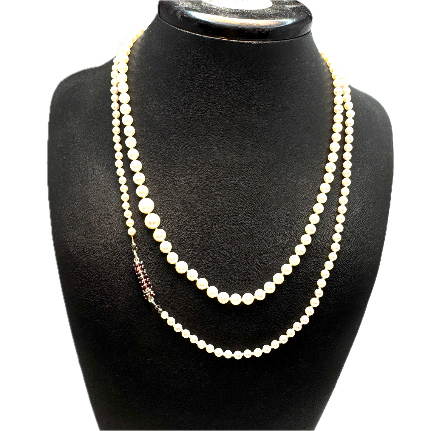 Vintage 39.7in / 101cm Cultured Pearl Silver Garnet Clasp Necklace.