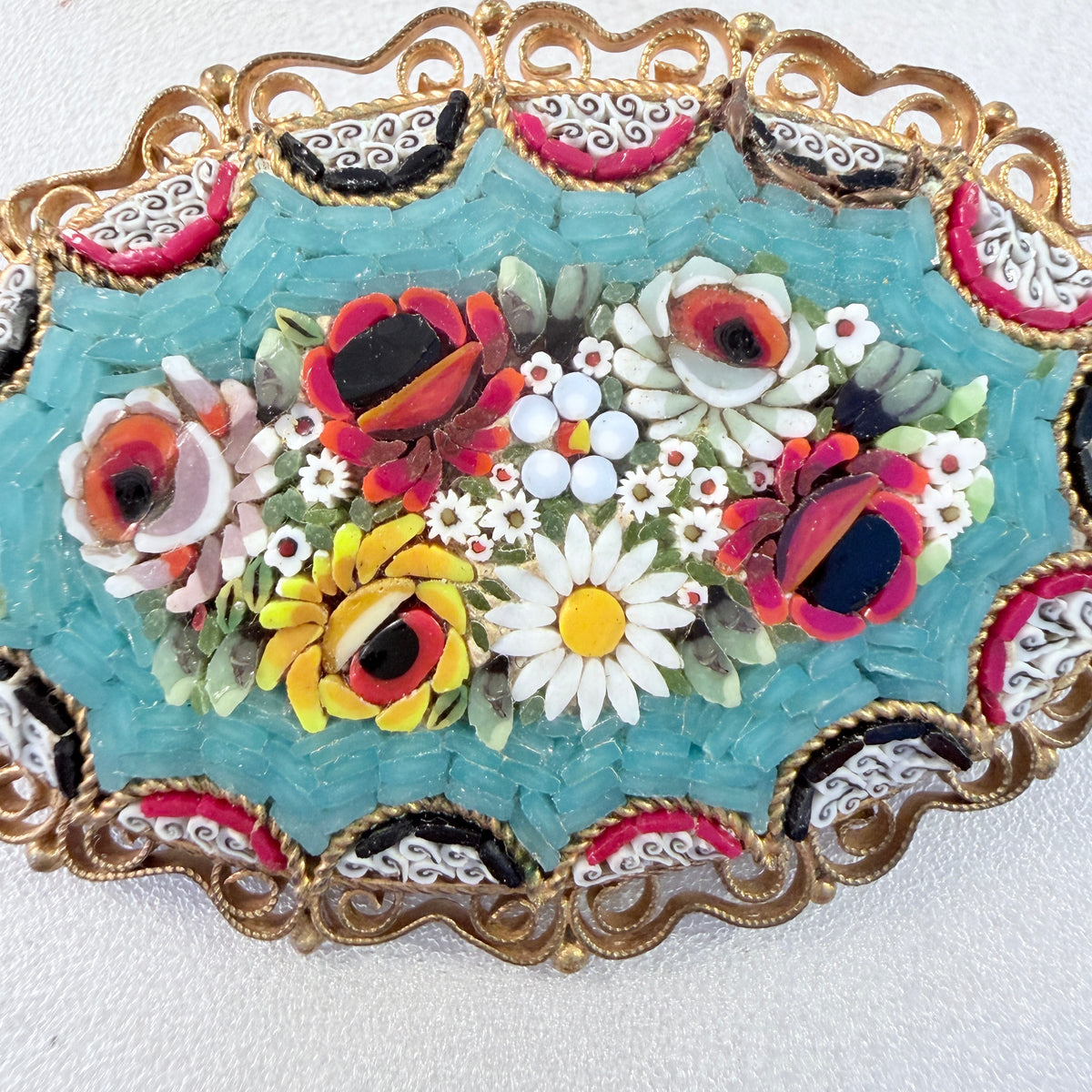 Italy 1940-50s. Large Micro Mosaic Flower Brooch.
