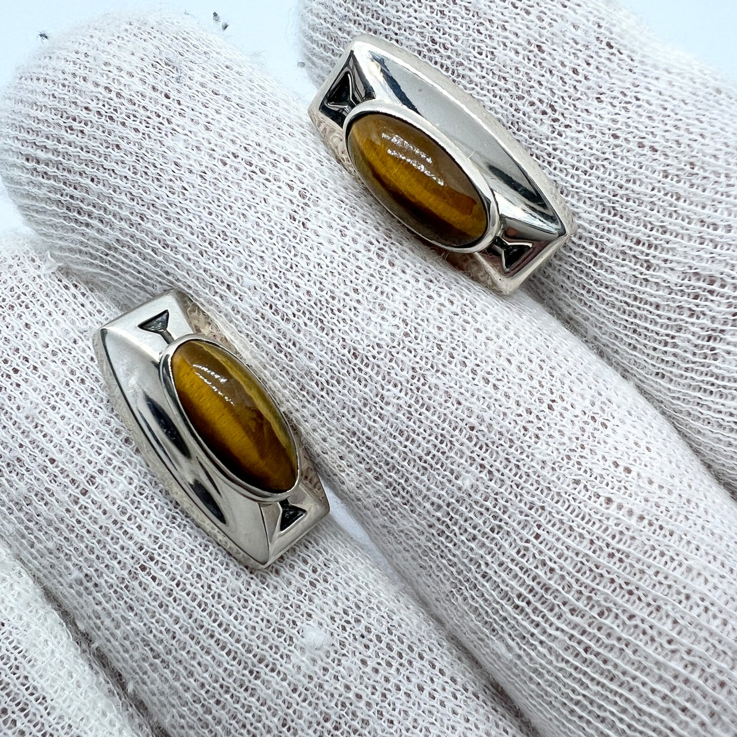 Salovaara, Finland 1963 Vintage Solid Silver Tiger's Eye Cufflinks.