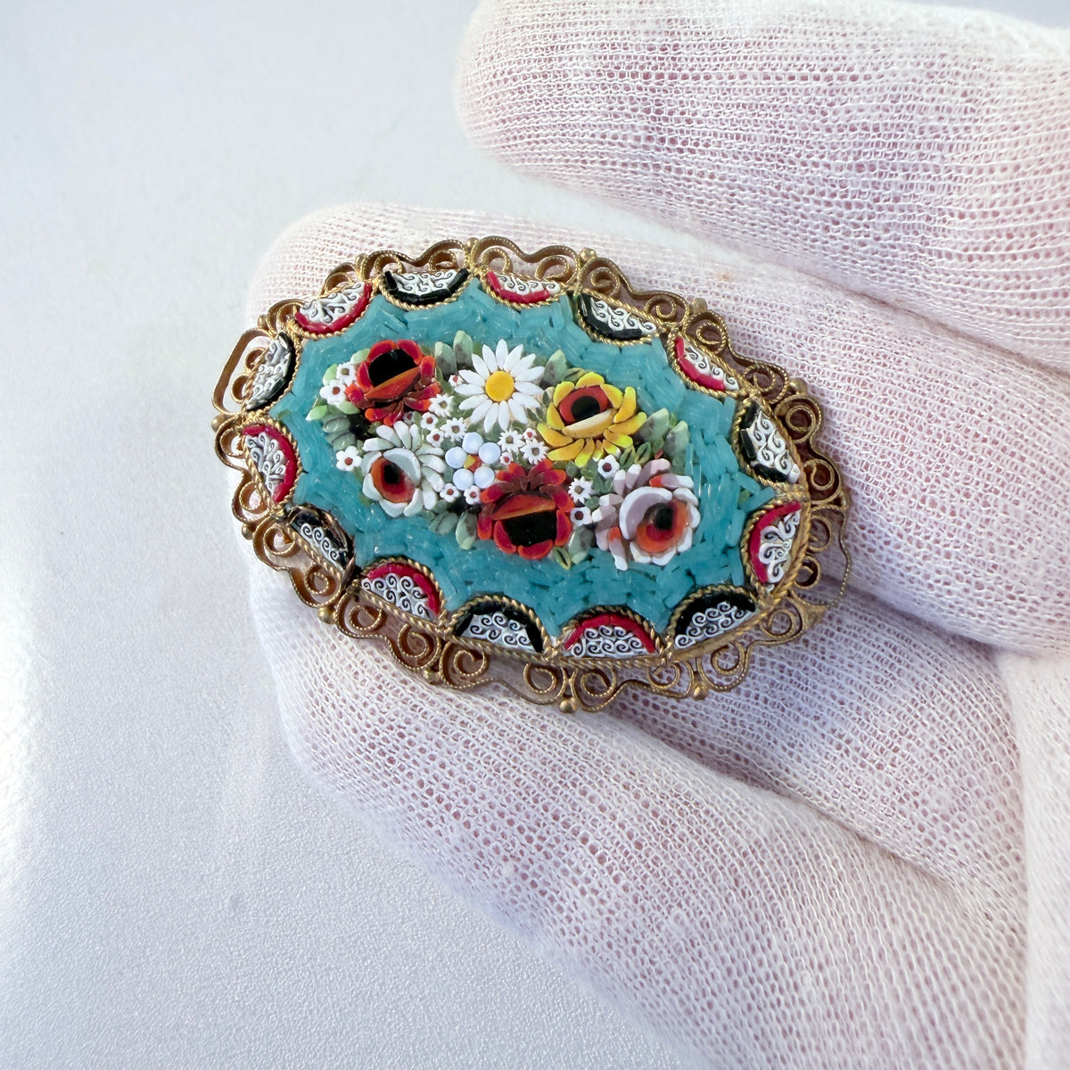 Italy 1940-50s. Large Micro Mosaic Flower Brooch.