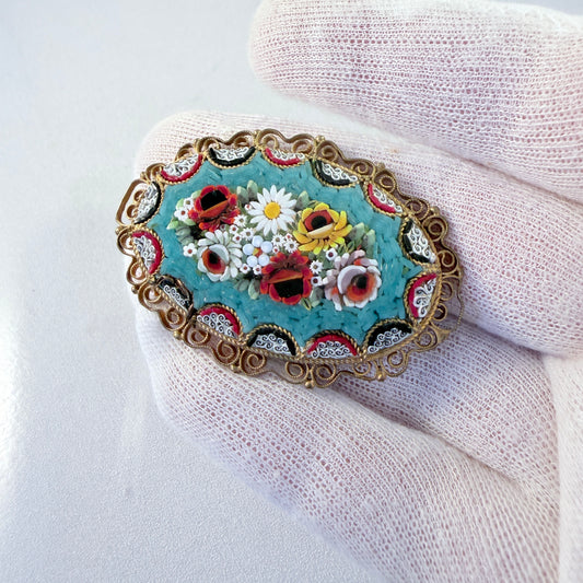 Italy 1940-50s. Large Micro Mosaic Flower Brooch.