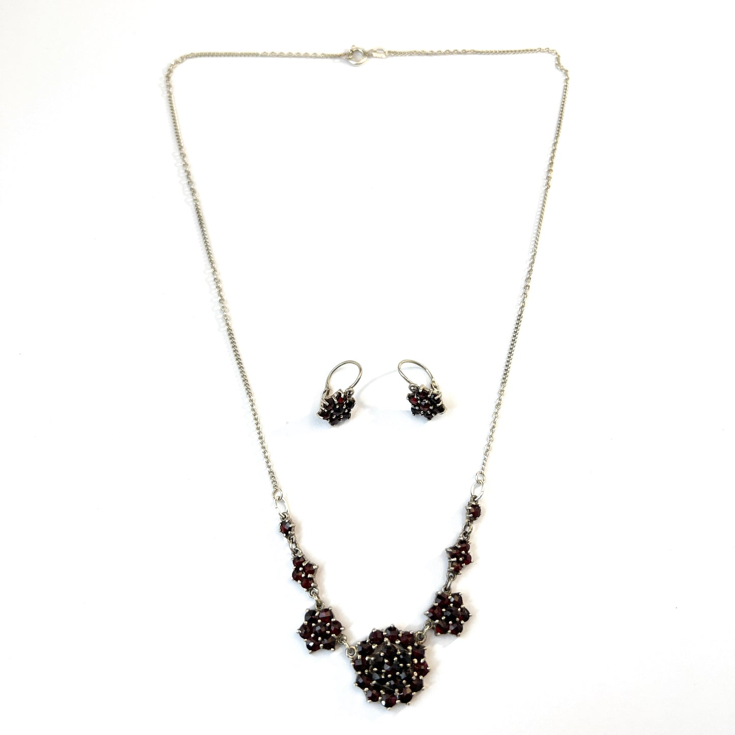 Vintage Bohemian Garnet Solid Silver Necklace + Earrings.