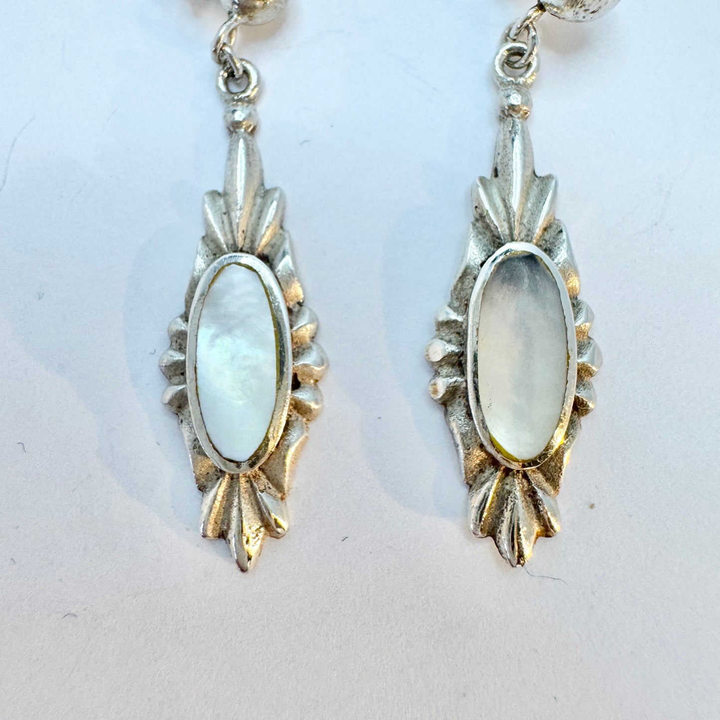Vintage Sterling Silver Mother of Pearl Dangle Art Deco-style Earrings
