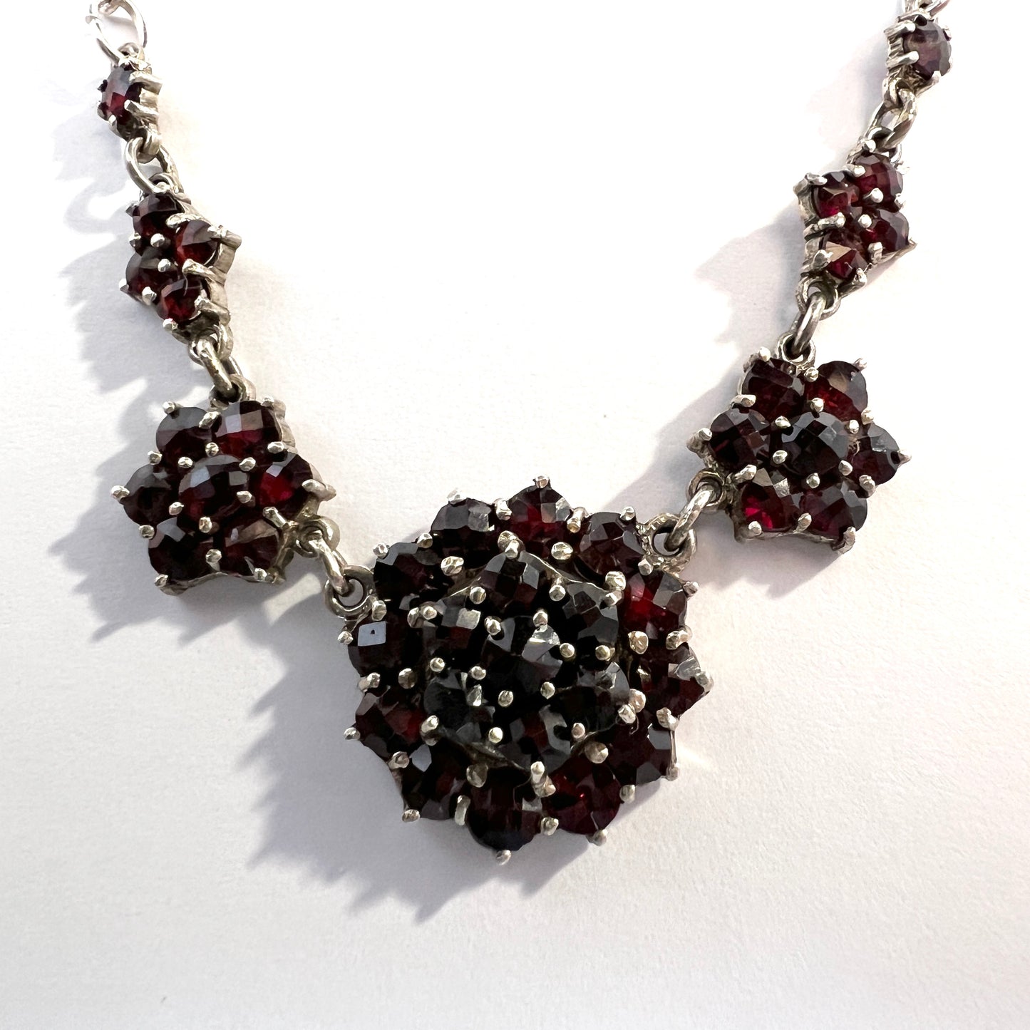 Vintage Bohemian Garnet Solid Silver Necklace + Earrings.