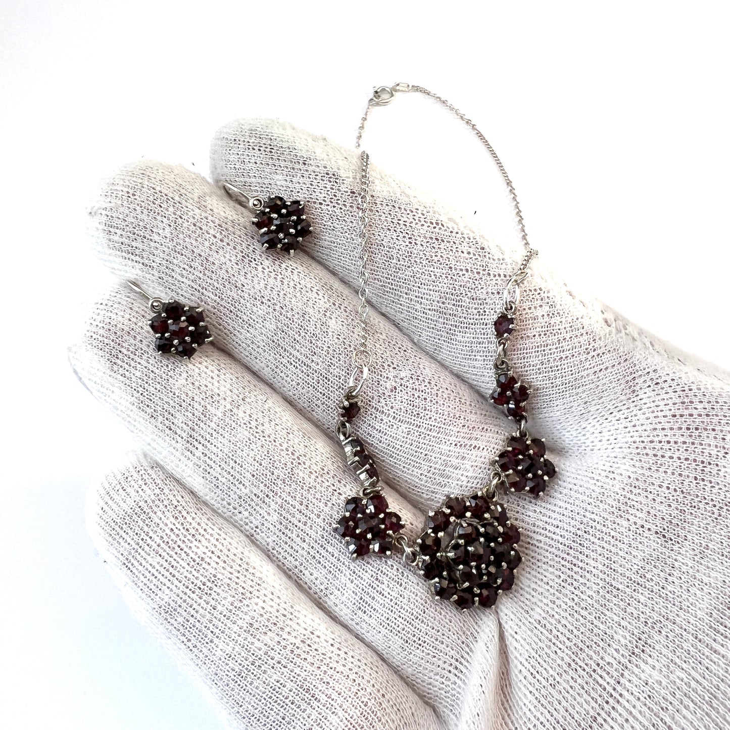 Vintage Bohemian Garnet Solid Silver Necklace + Earrings.