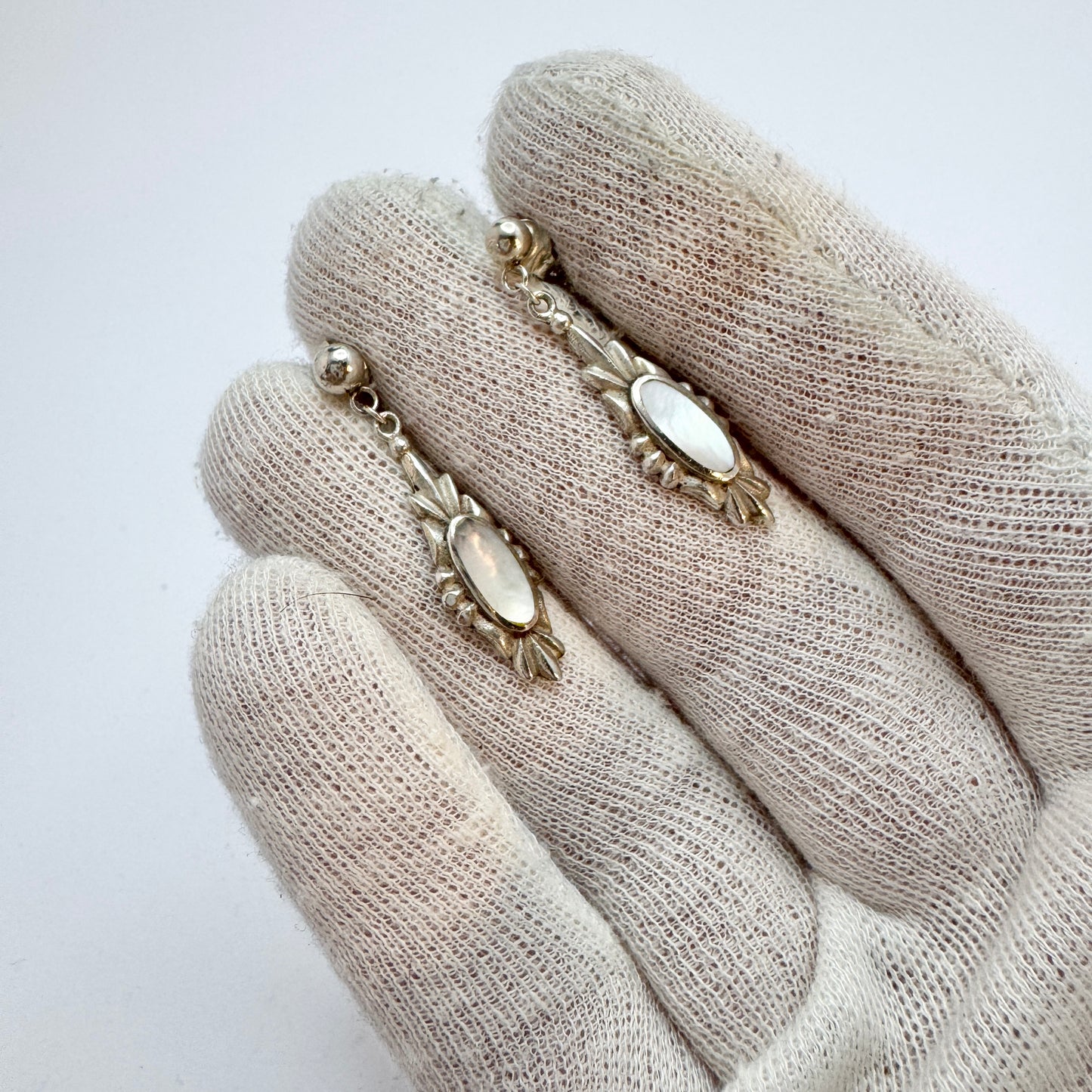 Vintage Sterling Silver Mother of Pearl Dangle Art Deco-style Earrings