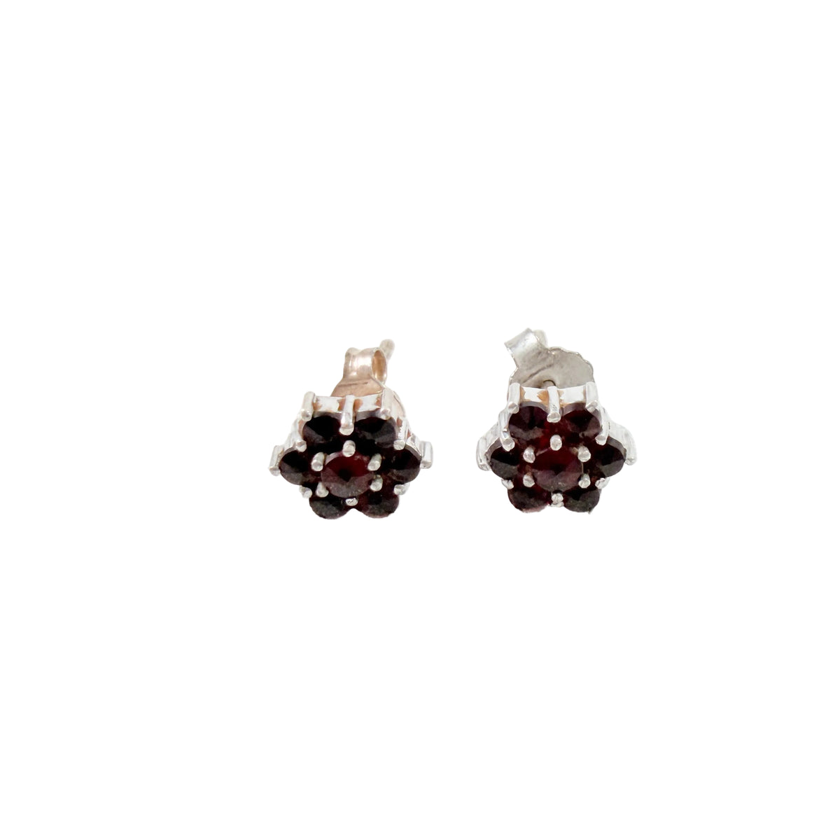 Vintage Solid SIlver Garnet Cluster Stud Earrings.