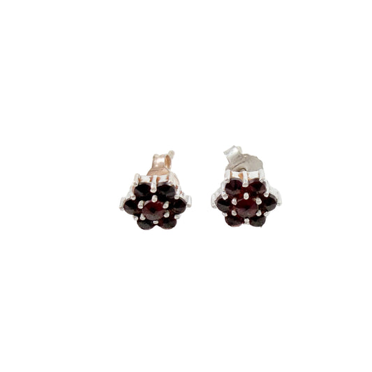Vintage Solid SIlver Garnet Cluster Stud Earrings.