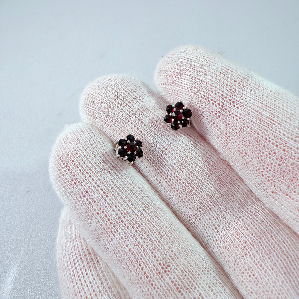 Vintage Solid SIlver Garnet Cluster Stud Earrings.