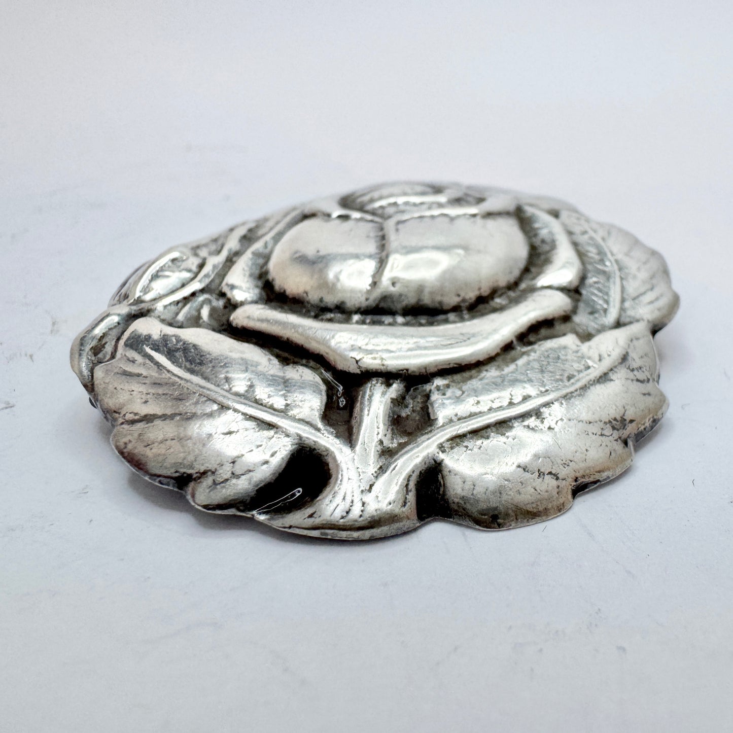 Bernhard Hertz, Denmark 1917 Antique Rose Flower Solid Silver Brooch