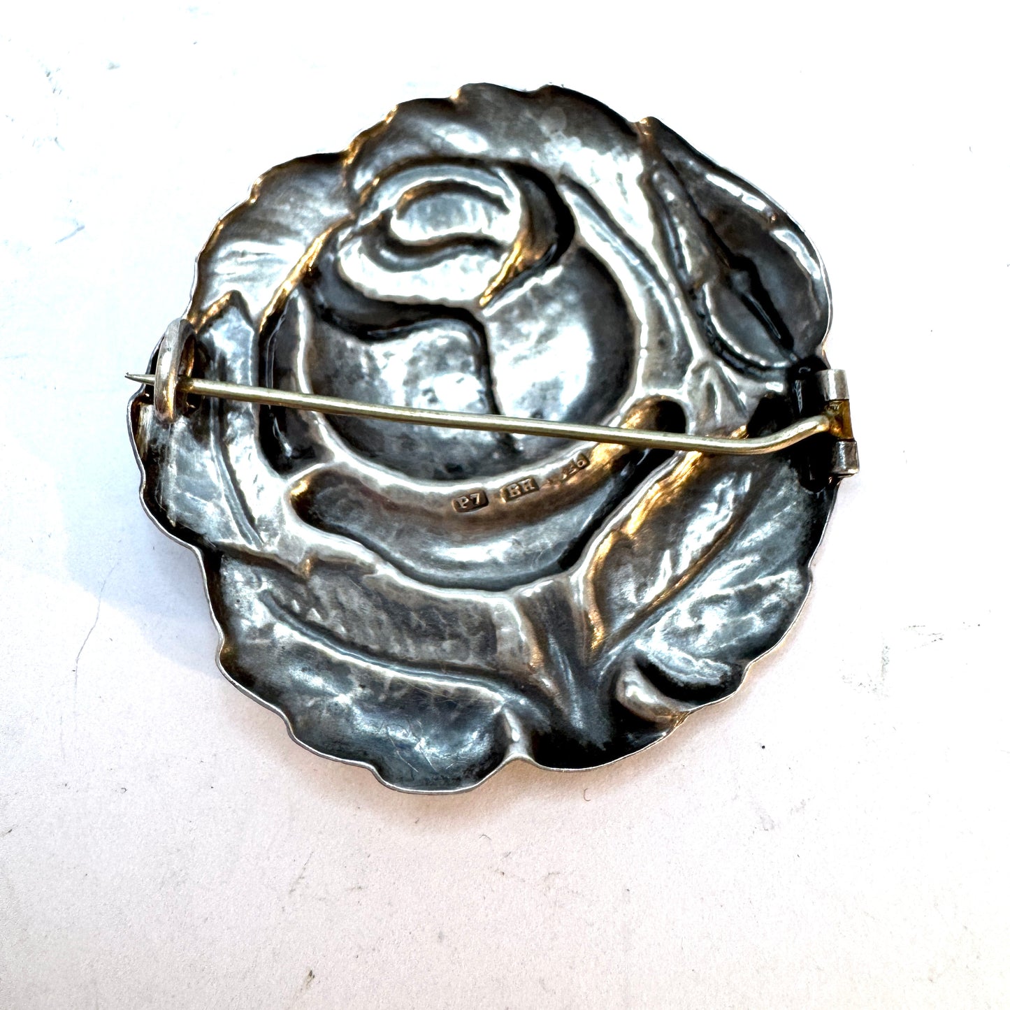 Bernhard Hertz, Denmark 1917 Antique Rose Flower Solid Silver Brooch