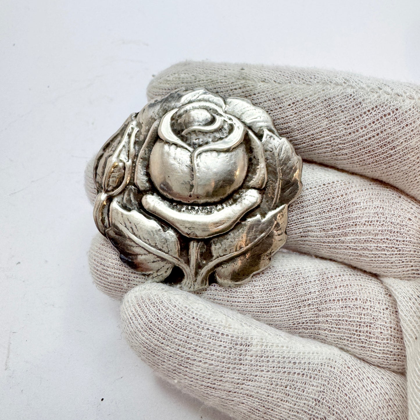 Bernhard Hertz, Denmark 1917 Antique Rose Flower Solid Silver Brooch