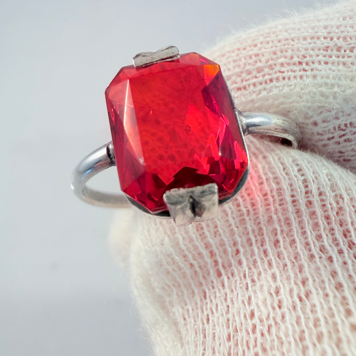 Svedboms, Sweden 1951. Vintage Solid Silver Blood Red Synthetic Spinel Ring.