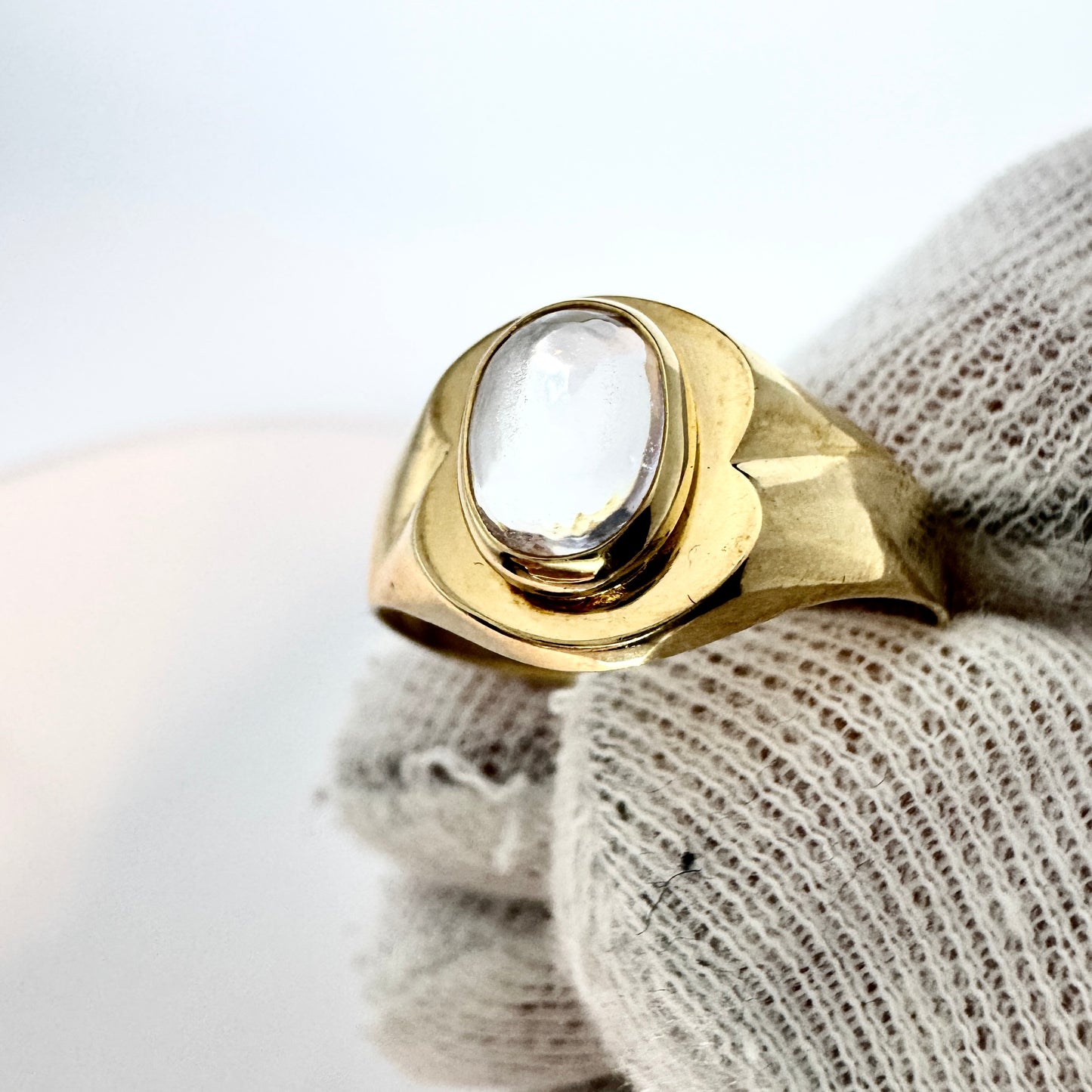 Ekström, Sweden 1984. Vintage 18k Gold "Pool of Light" Rock Crystal Ring.