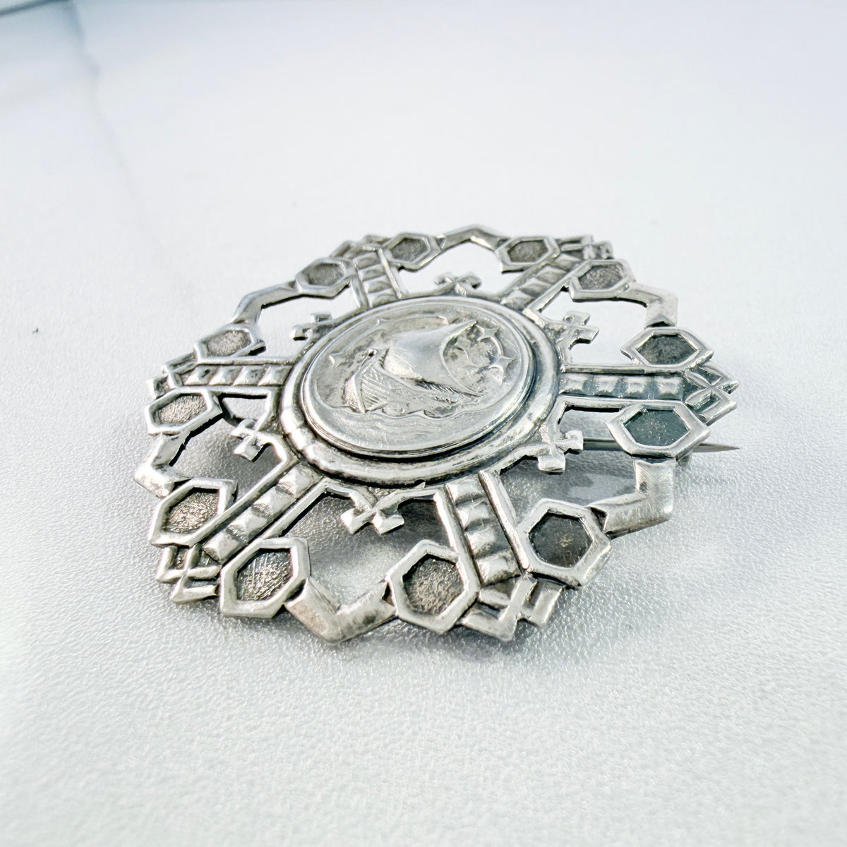 Sweden 1940s. Vintage Solid Silver Viking Ship Brooch.