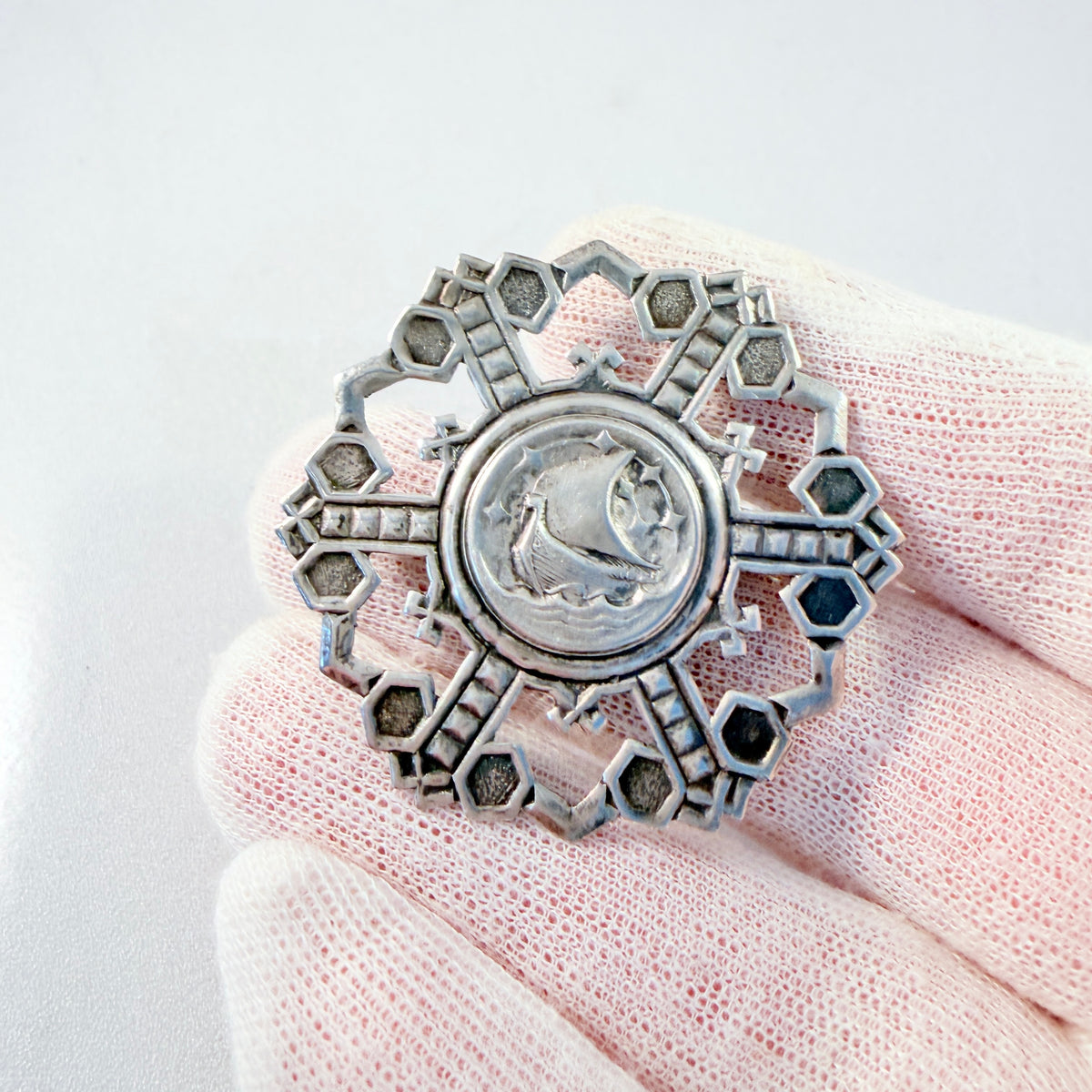 Sweden 1940s. Vintage Solid Silver Viking Ship Brooch.
