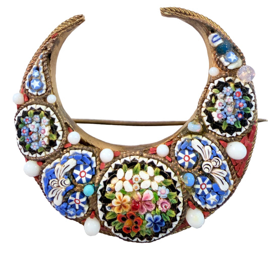 Italy early 1900s. Micro Mosaic Yellow Metal Crescent Moon Brooch.