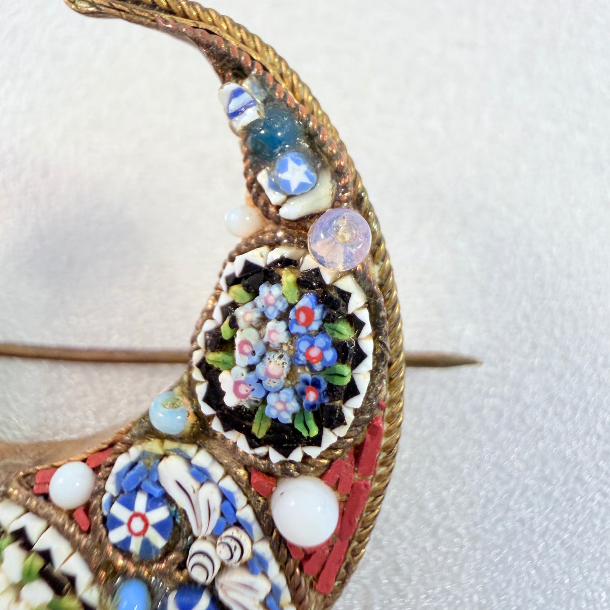 Italy early 1900s. Micro Mosaic Yellow Metal Crescent Moon Brooch.