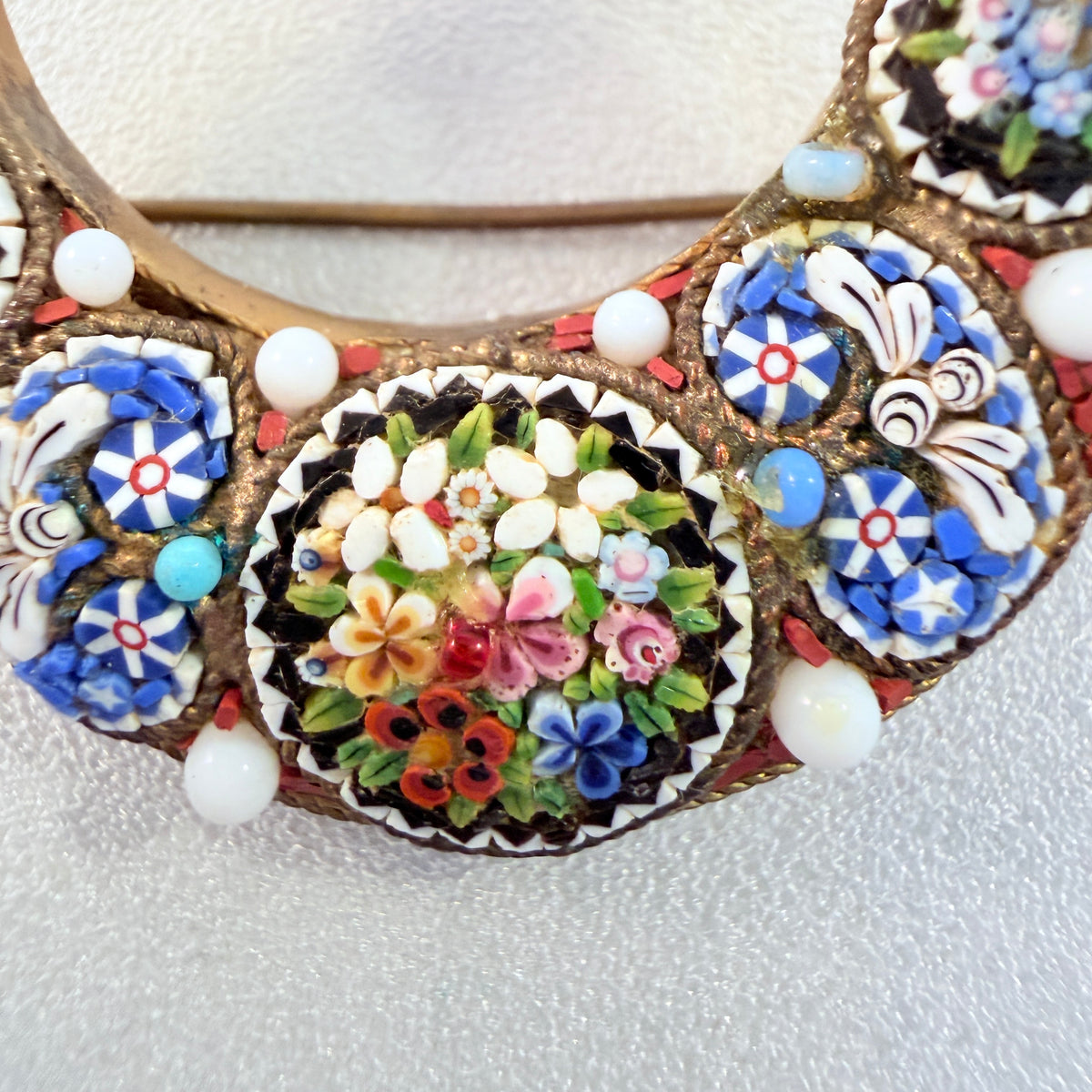 Italy early 1900s. Micro Mosaic Yellow Metal Crescent Moon Brooch.