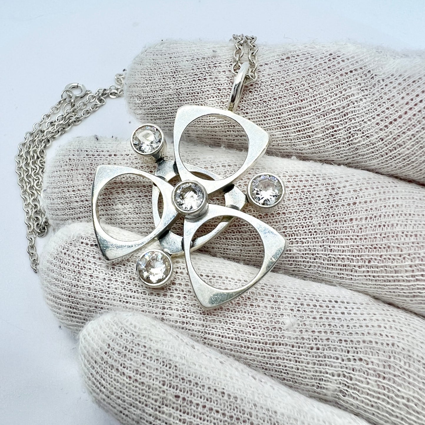 Salovaara, Finland c 1970s. Vintage Sterling Silver Rock Crystal Pendant Necklace.