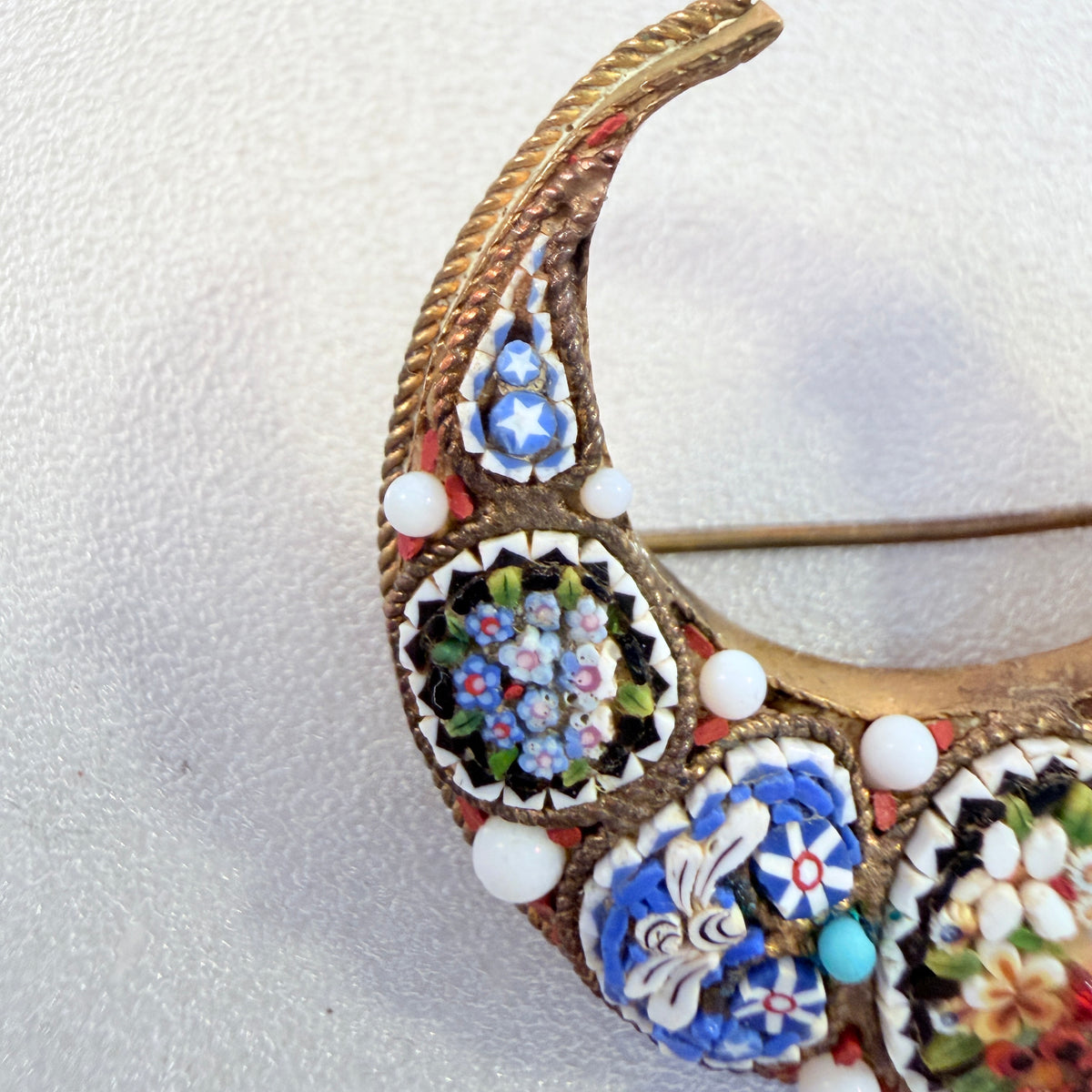 Italy early 1900s. Micro Mosaic Yellow Metal Crescent Moon Brooch.